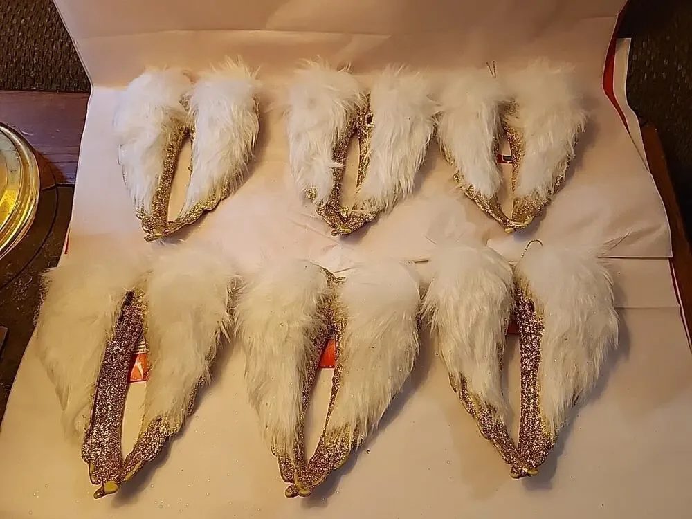 Angel Wings Gold Glitter White Faux Fur Trim Christmas Ornaments Set of 6